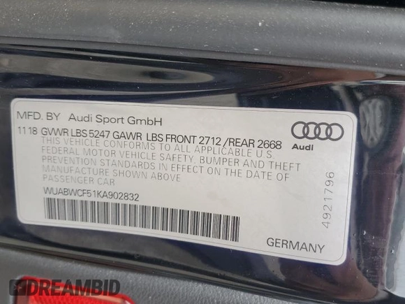 2019 Audi RS 5 Sportback z VIN WUABWCF51KA902832, wystawiony jako Copart lot #53580525 z przebiegiem 21 957 mil mil oraz Szkody całkowita. Historia ofert i sprzedaży dostępna na DreamBid. Obrazek 13.