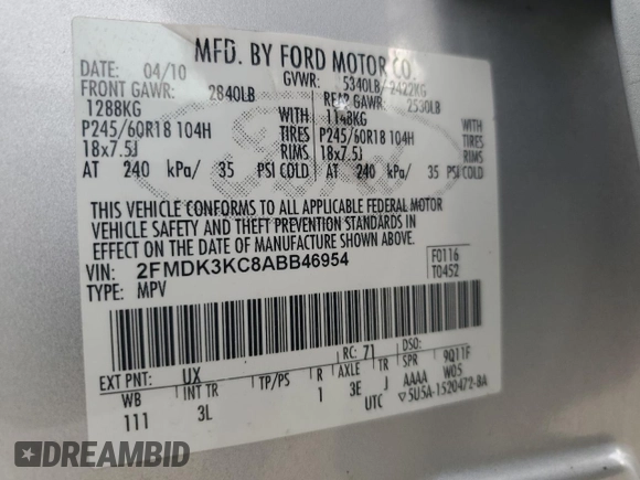 2010 Ford Edge Limited with VIN 2FMDK3KC8ABB46954, listed as a Copart auction lot 48997695 with 125,248 mi miles and Salvage Title. Bid and sale history available at carsss.com. Image 15.