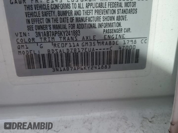 2019 Nissan Sentra SV with VIN 3N1AB7AP6KY241883, listed as a Copart auction lot 49120605 with 101,153 mi miles and Non Repairable. Bid and sale history available at DreamBid. Image 12.