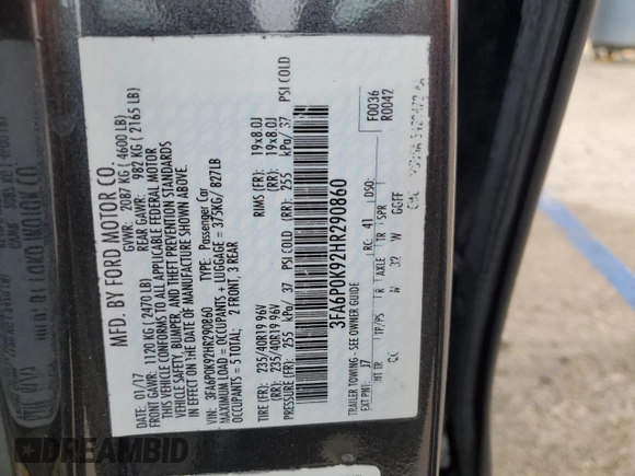 2017 Ford Fusion Titanium with VIN 3FA6P0K92HR290860, listed as a Copart auction lot 52030785 with 100,349 mi miles and Salvage Title. Bid and sale history available at carsss.com. Image 12.