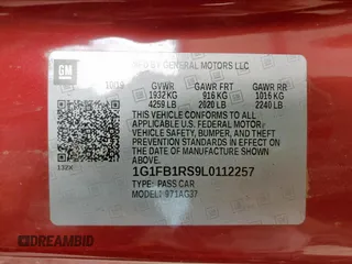 2020 Chevrolet Camaro 1LT with VIN 1G1FB1RS9L0112257, listed as a Copart auction lot 61071755 with 6,255 mi miles and Salvage title. Bid and sale history available at DreamBid. Image 12.
