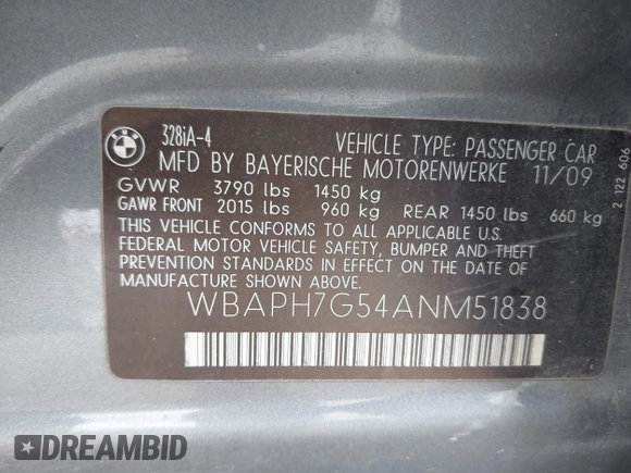 2010 BMW 3 Series 328i with VIN WBAPH7G54ANM51838, listed as a IAAI auction lot 41484425 with 143,259 mi miles and . Bid and sale history available at carsss.com. Image 9.