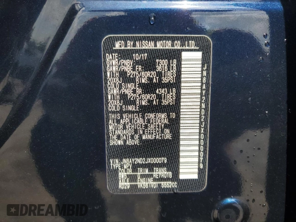 2018 Nissan Armada SL with VIN JN8AY2ND2JX000079, listed as a Copart auction lot 54400655 with 122,115 mi miles and Salvage Title. Bid and sale history available at DreamBid. Image 14.