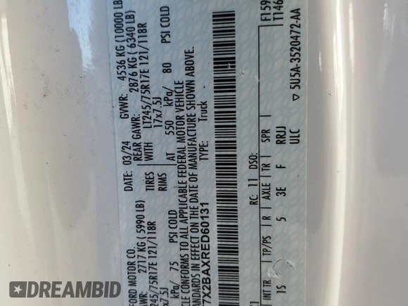 2024 Ford F-250 XL with VIN 1FT7X2BAXRED60131, listed as a Copart auction lot 46032195 with Not provided miles and Salvage title. Bid and sale history available at DreamBid. Image 12.