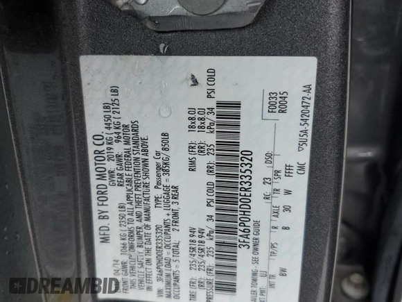 2014 Ford Fusion SE with VIN 3FA6P0HD0ER335320, listed as a Copart auction lot 53906695 with 113,519 mi miles and Salvage Title. Bid and sale history available at DreamBid. Image 12.