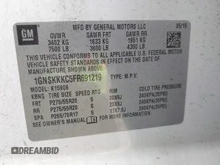 2015 Chevrolet Suburban LTZ with VIN 1GNSKKKC5FR691219, listed as a IAAI auction lot 41921973 with 169,119 mi miles and . Bid and sale history available at DreamBid. Image 9.