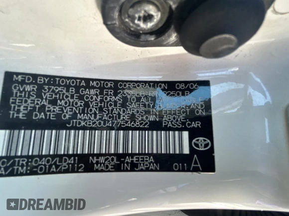 2007 Toyota Prius z VIN JTDKB20U477546822, wystawiony jako Copart lot #61691805 z przebiegiem 146 754 mil mil oraz Czysty tytuł • Clean title. Historia ofert i sprzedaży dostępna na DreamBid. Obrazek 10.