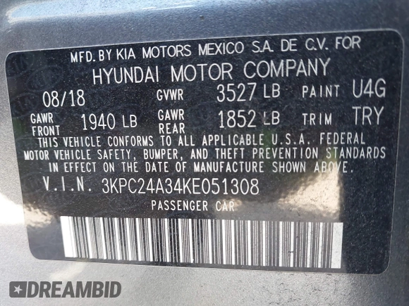 2019 Hyundai Accent SE with VIN 3KPC24A34KE051308, listed as a IAAI auction lot 42059994 with 112,185 mi miles and . Bid and sale history available at carsss.com. Image 9.