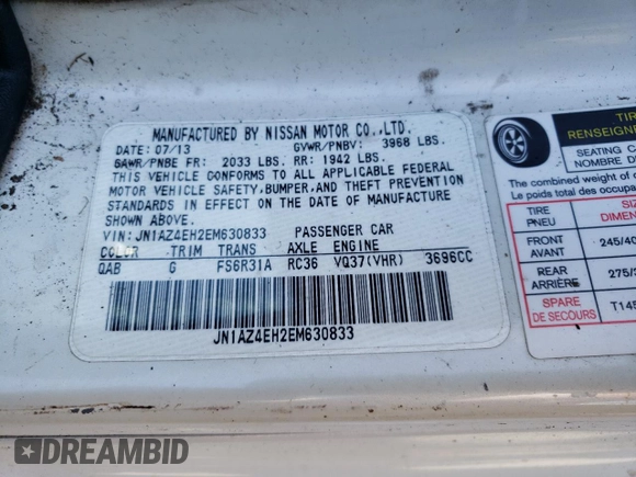 2014 Nissan 370Z Nismo with VIN JN1AZ4EH2EM630833, listed as a Copart auction lot 81773274 with 38,051 mi miles and Salvage Title. Bid and sale history available at DreamBid. Image 13.