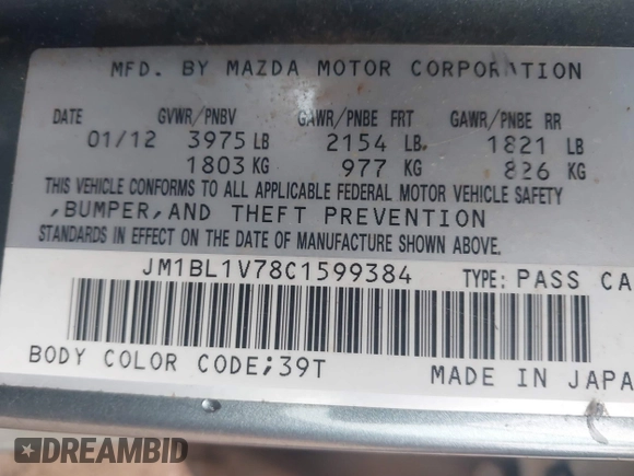 2012 Mazda 3 i Touring with VIN JM1BL1V78C1599384, listed as a IAAI auction lot 41632150 with 163,251 mi miles and . Bid and sale history available at carsss.com. Image 9.