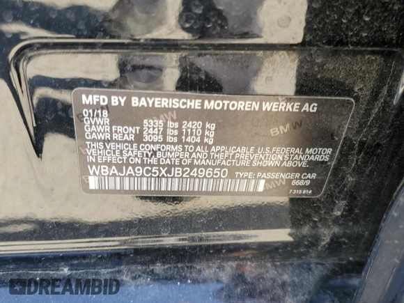 2018 BMW 5 Series 530e with VIN WBAJA9C5XJB249650, listed as a Copart auction lot 52633865 with 111,548 mi miles and Clean title. Bid and sale history available at DreamBid. Image 12.