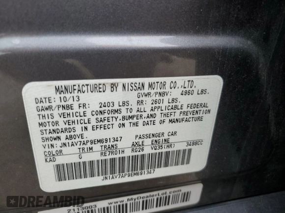2014 Infiniti Q50 Hybrid Sport with VIN JN1AV7AP9EM691347, listed as a Copart auction lot 84861304 with Not Provided miles and Salvage Title. Bid and sale history available at carsss.com. Image 12.