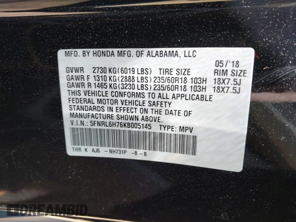 2019 Honda Odyssey EX-L with VIN 5FNRL6H76KB005145, listed as a IAAI auction lot 42075781 with 115,599 mi miles. Bid and sale history available at carsss.com. Image 9.