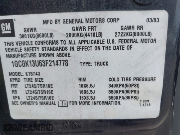2003 Chevrolet Silverado 1500HD LS with VIN 1GCGK13U63F214778, listed as a IAAI auction lot 42141435 with 161,669 mi miles and . Bid and sale history available at DreamBid. Image 9.