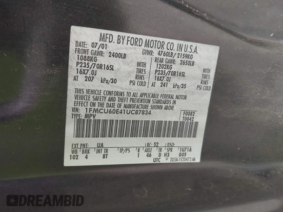 2001 Ford Explorer Sport с VIN 1FMCU60E41UC87834, выставлен на аукционе IAAI как лот 42760834 с пробегом 189 955 миль миль и . История ставок и продаж доступна на DreamBid. Изображение 9.