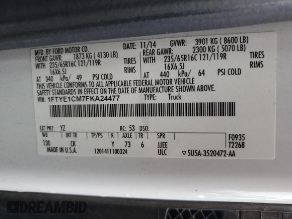 2015 Ford Transit Cargo with VIN 1FTYE1CM7FKA24477, listed as a Copart auction lot 86310214 with 54,098 mi miles and Salvage title. Bid and sale history available at DreamBid. Image 13.