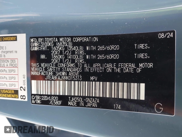 2024 Toyota Land Cruiser z VIN JTEABFAJ9RK015313, wystawiony jako IAAI lot #41573592 z przebiegiem 11 124 mil mil oraz . Historia ofert i sprzedaży dostępna na DreamBid. Obrazek 9.