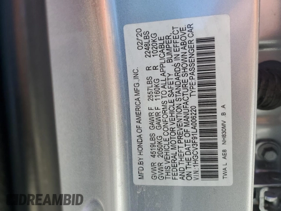 2020 Honda Accord Touring with VIN 1HGCV3F91LA006220, listed as a Copart auction lot 47974155 with 96,999 mi miles and Salvage title. Bid and sale history available at DreamBid. Image 12.