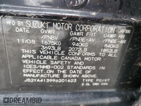 2009 Suzuki SX4 Man FWD with VIN JS2YA413996201623, listed as a Copart auction lot 84094154 with 0 mi miles and Salvage Title. Bid and sale history available at carsss.com. Image 12.