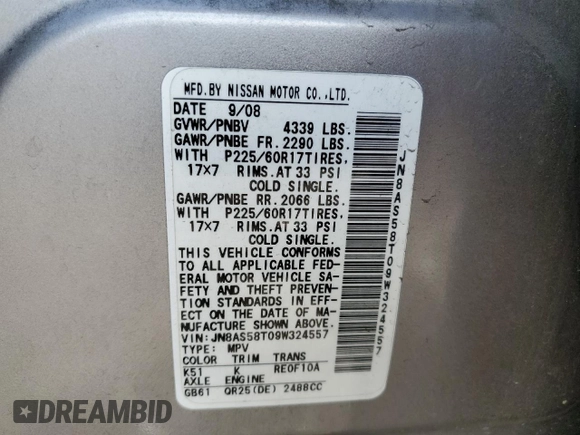 2009 Nissan Rogue SL with VIN JN8AS58T09W324557, listed as a Copart auction lot 42352055 with Not Provided miles and Salvage Title. Bid and sale history available at DreamBid. Image 16.