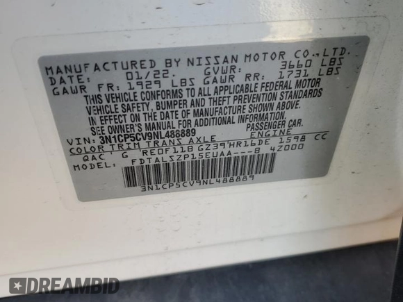 2022 Nissan Kicks SV with VIN 3N1CP5CV9NL488889, listed as a Copart auction lot 45925145 with 10,439 mi miles and Salvage Title. Bid and sale history available at DreamBid. Image 14.