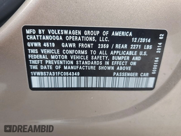 2015 Volkswagen Passat SE с VIN 1VWBS7A31FC054349, выставлен на аукционе Copart как лот 80082844 с пробегом 142 305 миль миль и Списание • Salvage title. История ставок и продаж доступна на DreamBid. Изображение 14.