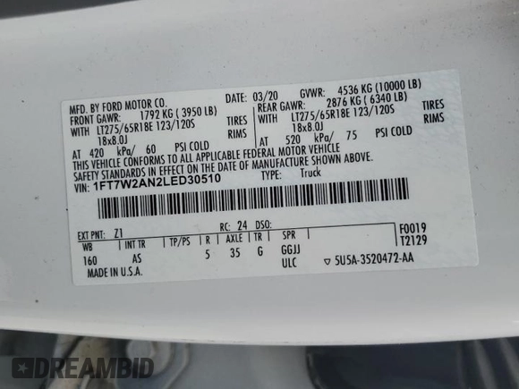 2020 Ford F-250 with VIN 1FT7W2AN2LED30510, listed as a Copart auction lot 80070224 with Not provided miles and Non repairable. Bid and sale history available at DreamBid. Image 12.