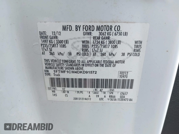 2013 Ford F-150 XL with VIN 1FTMF1CM4DKD91572, listed as a IAAI auction lot 42620716 with 235,790 mi miles and . Bid and sale history available at DreamBid. Image 9.