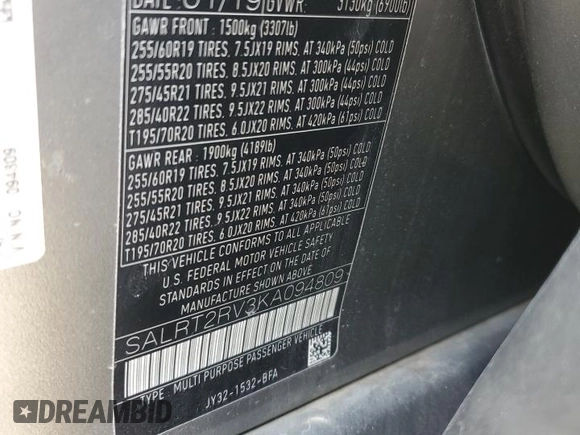2019 Land Rover Discovery HSE Luxury with VIN SALRT2RV3KA094809, listed as a Copart auction lot 61624914 with 38,957 mi miles and Salvage Title. Bid and sale history available at DreamBid. Image 14.