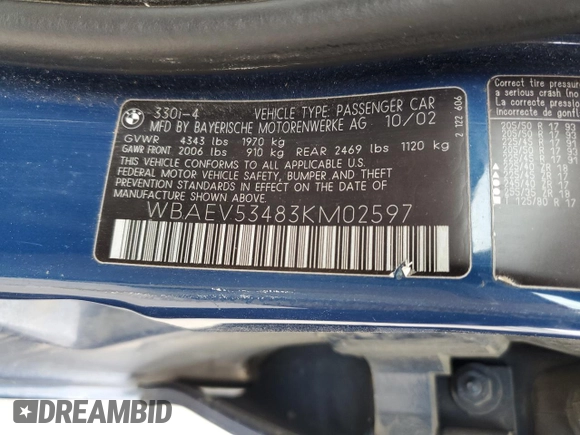 2003 BMW 3 Series 330i with VIN WBAEV53483KM02597, listed as a Copart auction lot 50743335 with 167,968 mi miles and Salvage Title. Bid and sale history available at carsss.com. Image 12.