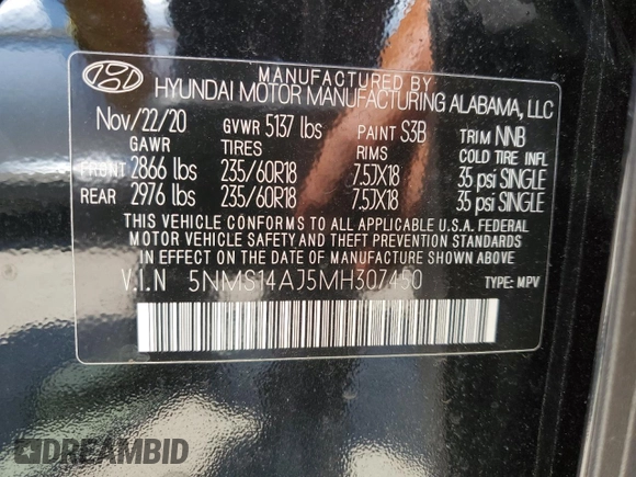 2021 Hyundai Santa Fe SE with VIN 5NMS14AJ5MH307450, listed as a Copart auction lot 63750124 with 21,187 mi miles and Salvage Title. Bid and sale history available at carsss.com. Image 13.