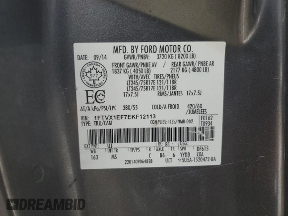 2014 Ford F-150 XL z VIN 1FTVX1EF7EKF12113, wystawiony jako Copart lot #89239195 z przebiegiem Nie podano mil oraz Szkoda całkowita • Salvage title. Historia ofert i sprzedaży dostępna na DreamBid. Obrazek 12.