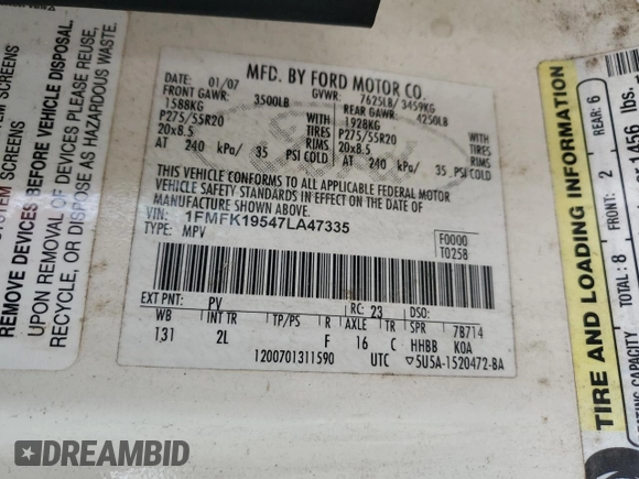 2007 Ford Expedition Max Limited with VIN 1FMFK19547LA47335, listed as a Copart auction lot 89182295 with 279,499 mi miles and Salvage title. Bid and sale history available at DreamBid. Image 13.