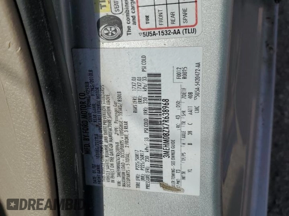 2007 Mercury Milan Premier with VIN 3MEHM08ZX7R638968, listed as a Copart auction lot 59958485 with 164,942 mi miles and Salvage title. Bid and sale history available at DreamBid. Image 12.
