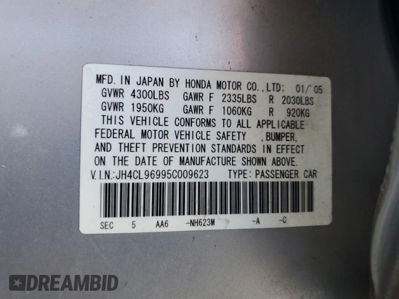 2005 Acura TSX with VIN JH4CL96995C009623, listed as a Copart auction lot 64754885 with 189,295 mi miles and Salvage title. Bid and sale history available at DreamBid. Image 12.