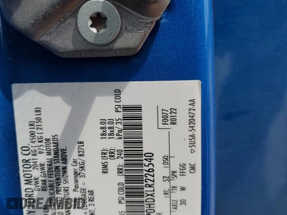 2020 Ford Fusion SE with VIN 3FA6P0HDXLR226540, listed as a Copart auction lot 54552175 with 73,322 mi miles and Salvage Title. Bid and sale history available at carsss.com. Image 13.