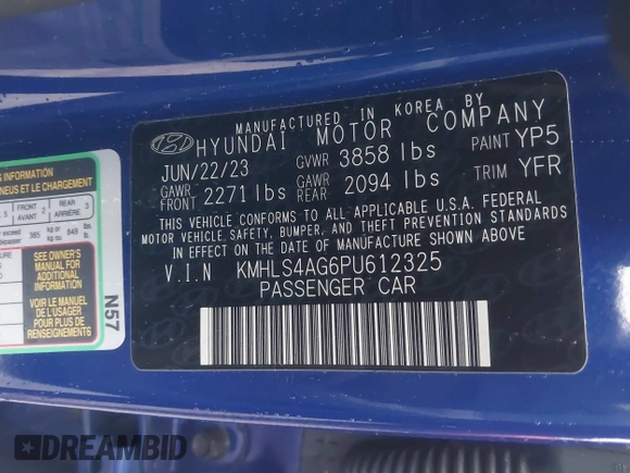 2023 Hyundai Elantra SEL with VIN KMHLS4AG6PU612325, listed as a IAAI auction lot 42318709 with 21,399 mi miles and . Bid and sale history available at DreamBid. Image 9.
