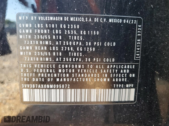 2022 Volkswagen Tiguan SE with VIN 3VV3B7AX0NM095872, listed as a Copart auction lot 59027465 with Not provided miles and Salvage title. Bid and sale history available at DreamBid. Image 13.