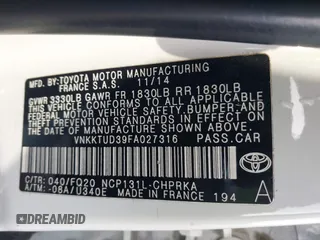 2015 Toyota Yaris L with VIN VNKKTUD39FA027316, listed as a IAAI auction lot 39022940 with 110,063 mi miles and . Bid and sale history available at DreamBid. Image 9.
