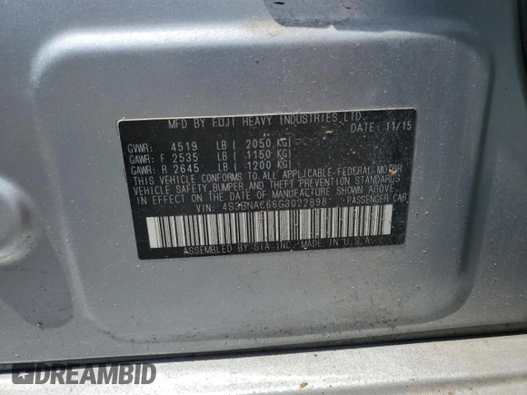 2016 Subaru Legacy Premium with VIN 4S3BNAC66G3022898, listed as a Copart auction lot 60291155 with 125,162 mi miles and Salvage title. Bid and sale history available at DreamBid. Image 12.