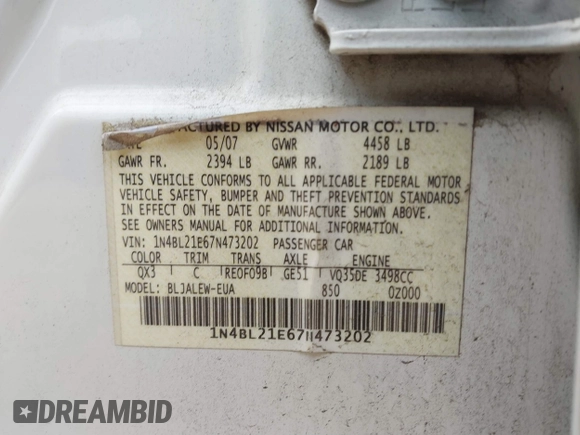 2007 Nissan Altima SL with VIN 1N4BL21E67N473202, listed as a IAAI auction lot 41831129 with 177,931 mi miles and . Bid and sale history available at DreamBid. Image 9.