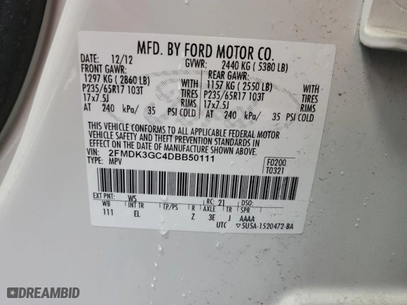 2013 Ford Edge SE with VIN 2FMDK3GC4DBB50111, listed as a Copart auction lot 48987885 with 156,569 mi miles and Clean Title. Bid and sale history available at carsss.com. Image 13.