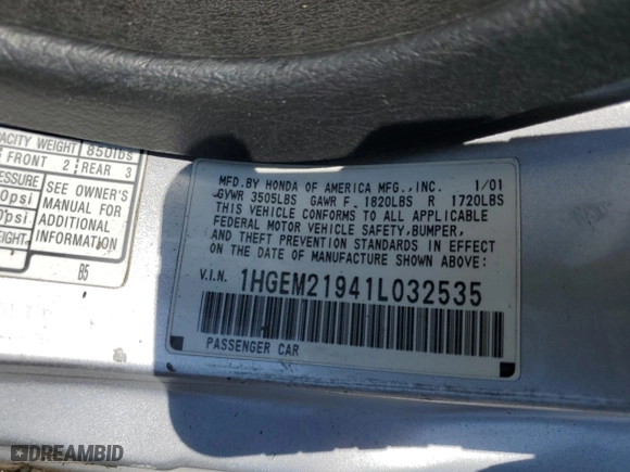 2001 Honda Civic EX with VIN 1HGEM21941L032535, listed as a Copart auction lot 67629724 with 314,971 mi miles and Salvage Title. Bid and sale history available at carsss.com. Image 14.