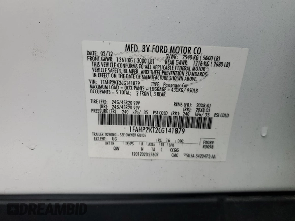 2012 Ford Taurus SHO with VIN 1FAHP2KT2CG141879, listed as a Copart auction lot 56558365 with 105,230 mi miles and Salvage title. Bid and sale history available at DreamBid. Image 13.