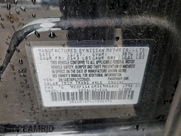 2018 Nissan Sentra SV with VIN 3N1AB7AP4JY226491, listed as a Copart auction lot 48751245 with 71,281 mi miles and Salvage Title. Bid and sale history available at carsss.com. Image 13.