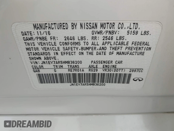 2017 Infiniti Q50 Premium z VIN JN1EV7AR5HM836200, wystawiony jako IAAI lot #42352743 z przebiegiem 127 105 mil mil oraz . Historia ofert i sprzedaży dostępna na DreamBid. Obrazek 9.