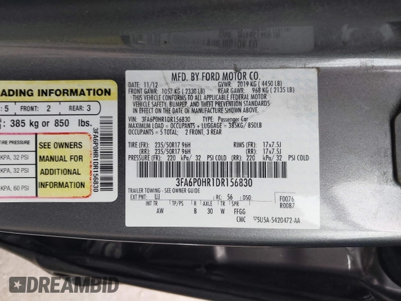 2013 Ford Fusion SE with VIN 3FA6P0HR1DR156830, listed as a IAAI auction lot 41720164 with 112,063 mi miles and . Bid and sale history available at DreamBid. Image 9.
