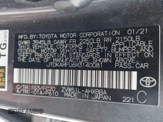 2021 Toyota Prius L Eco with VIN JTDKAMFU6M3140081, listed as a IAAI auction lot 42131187 with 103,973 mi miles and . Bid and sale history available at DreamBid. Image 9.