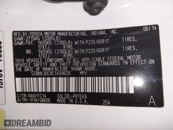 2014 Toyota Sienna LE AAS with VIN 5TDKK3DCXES499628, listed as a IAAI auction lot 42574730 with 110,532 mi miles and . Bid and sale history available at DreamBid. Image 9.