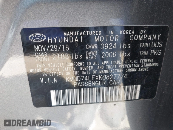 2019 Hyundai Elantra SE with VIN KMHD74LFXKU827774, listed as a IAAI auction lot 41966329 with 117,139 mi miles and . Bid and sale history available at DreamBid. Image 9.